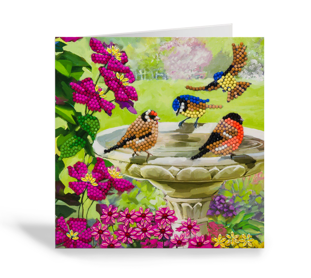 completed Birds crystal art greetings card against a white background; card is slightly open showing inside is kept blank for any occasion