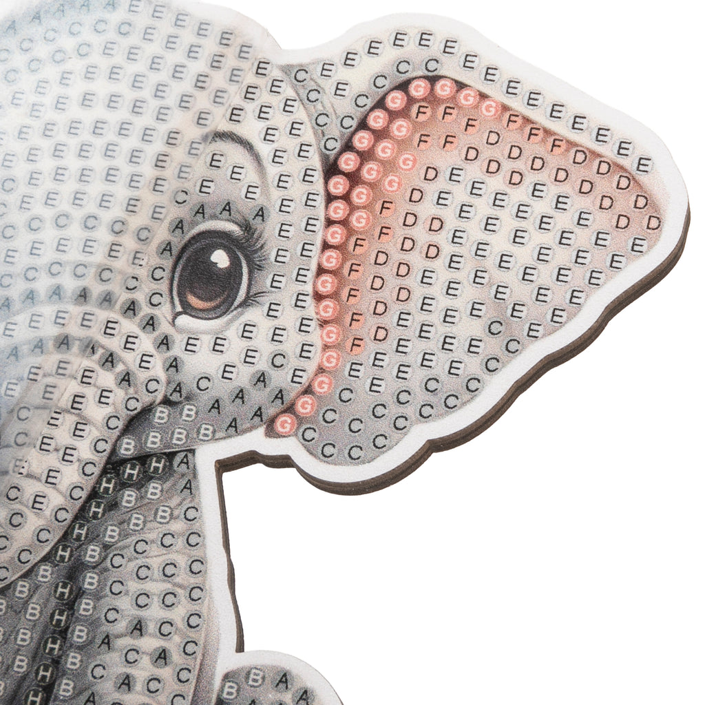 close up of Elephant Crystal Art Wildlife Buddy, showing letter coded spaces on template showing expected placement of crystals