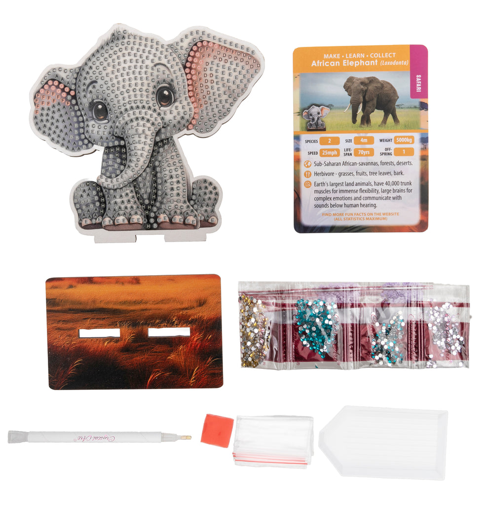 Elephant Crystal Art Wildlife Buddy craft kit contents, including template, tools, crystal and elephant information card