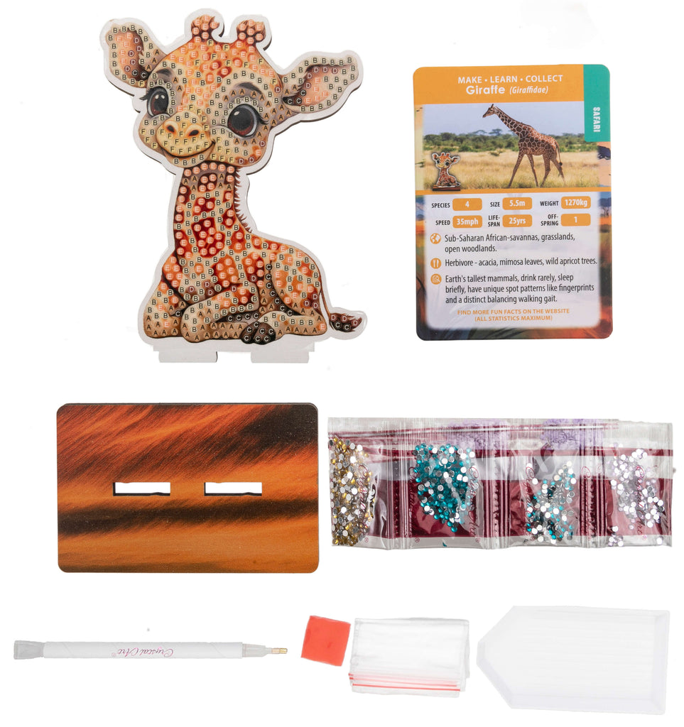 Giraffe Crystal Art Wildlife Buddy diamond painting kit contents, including adhesive template and base, crystals, tools and giraffe information card
