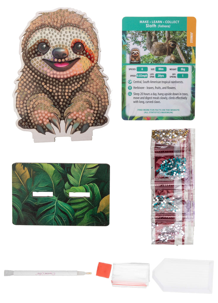 Sloth Crystal Art Wildlife Buddy kit contents, including adhesive template, base, tools, crystals and sloth information card