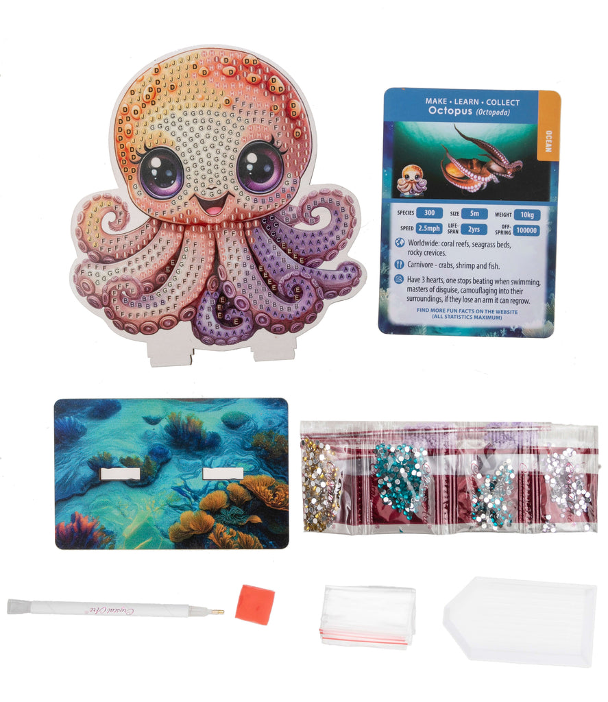 Octopus Crystal Art Wildlife Buddy kit contents, including adhesive template, base, crystals, tools and octopus information card