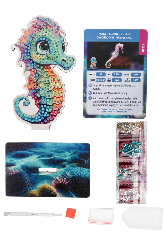 Seahorse Crystal Art Wildlife Buddy kit contents, including adhesive template, base, crystals, tools and seahorse information card