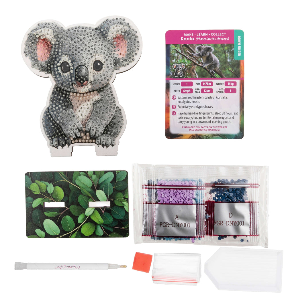 Koala Crystal Art Wildlife Buddy diamond painting kit contents, including adhesive template and base, crystals, tools and koala information card