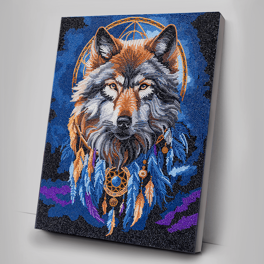 Enchanted Wolf Crystal Art completed leaning against wall