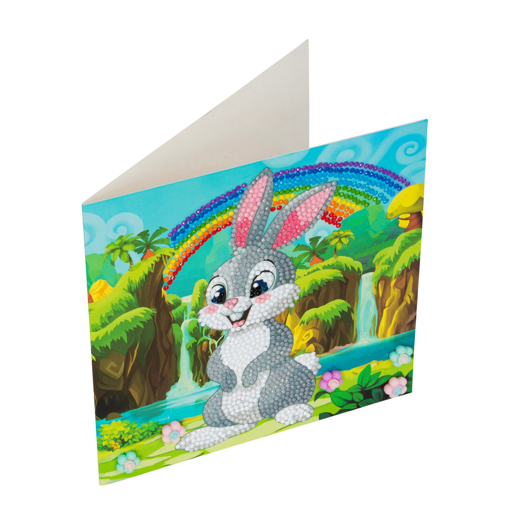 side view of Rabbit Wonderland Crystal Art greetings card, shown open to demonstrate left blank for own message