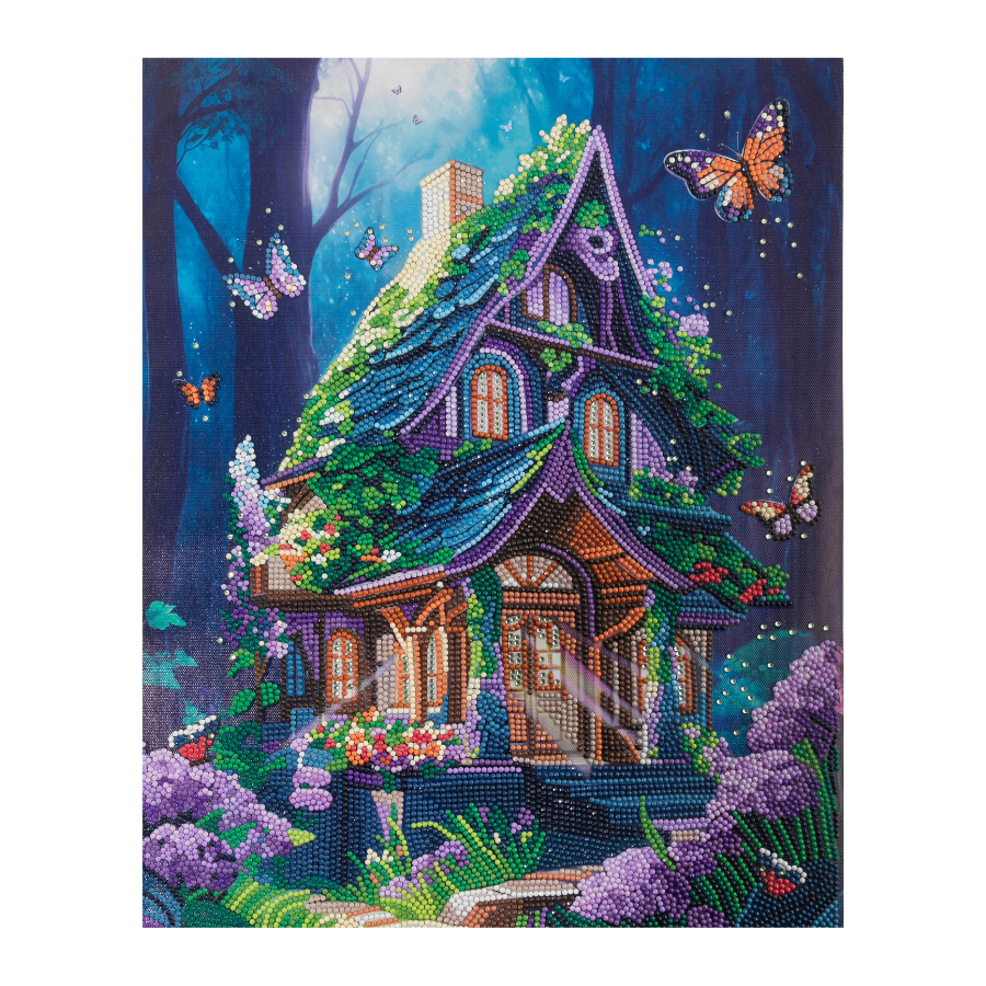 Front-on view of Moonlit house in the forest