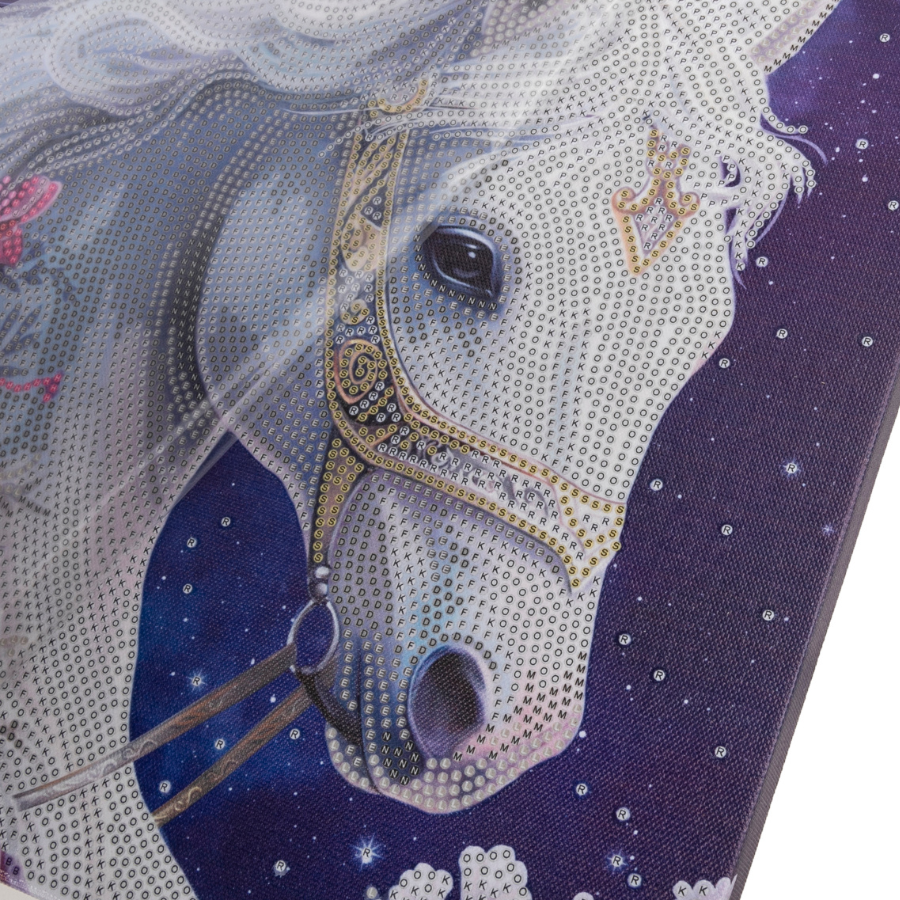 Close-up of white horse with flowers against a night sky canvas unmade kit