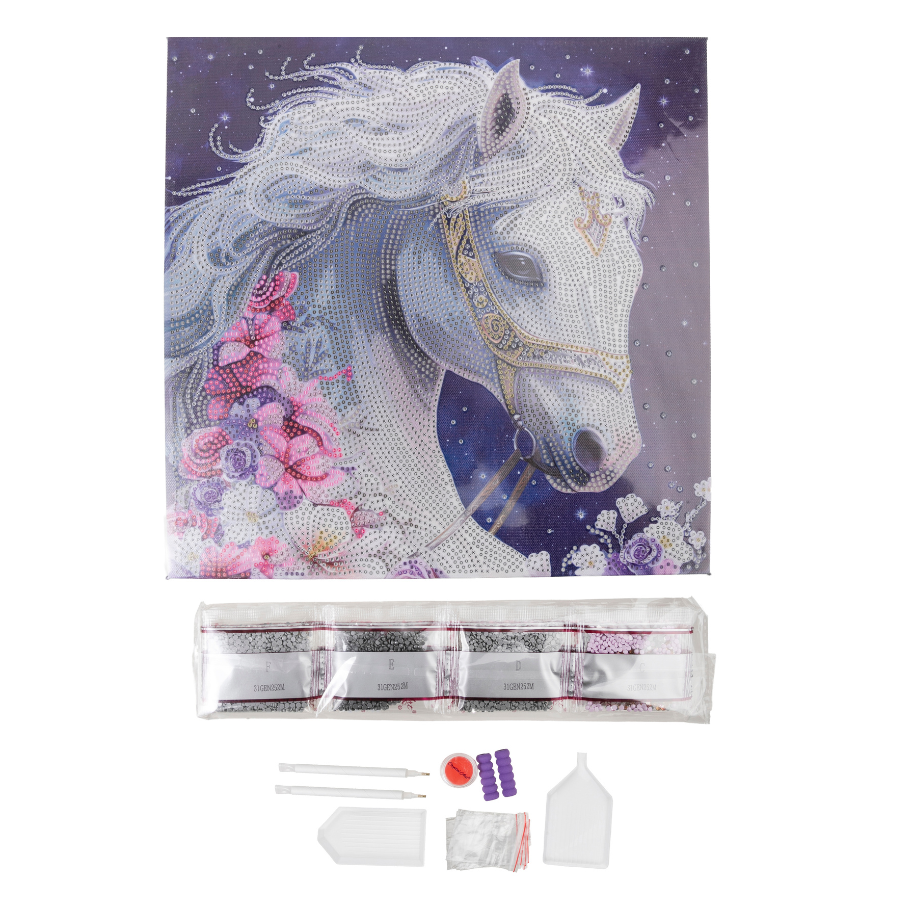 White horse with flowers against a night sky canvas unmade kit contents