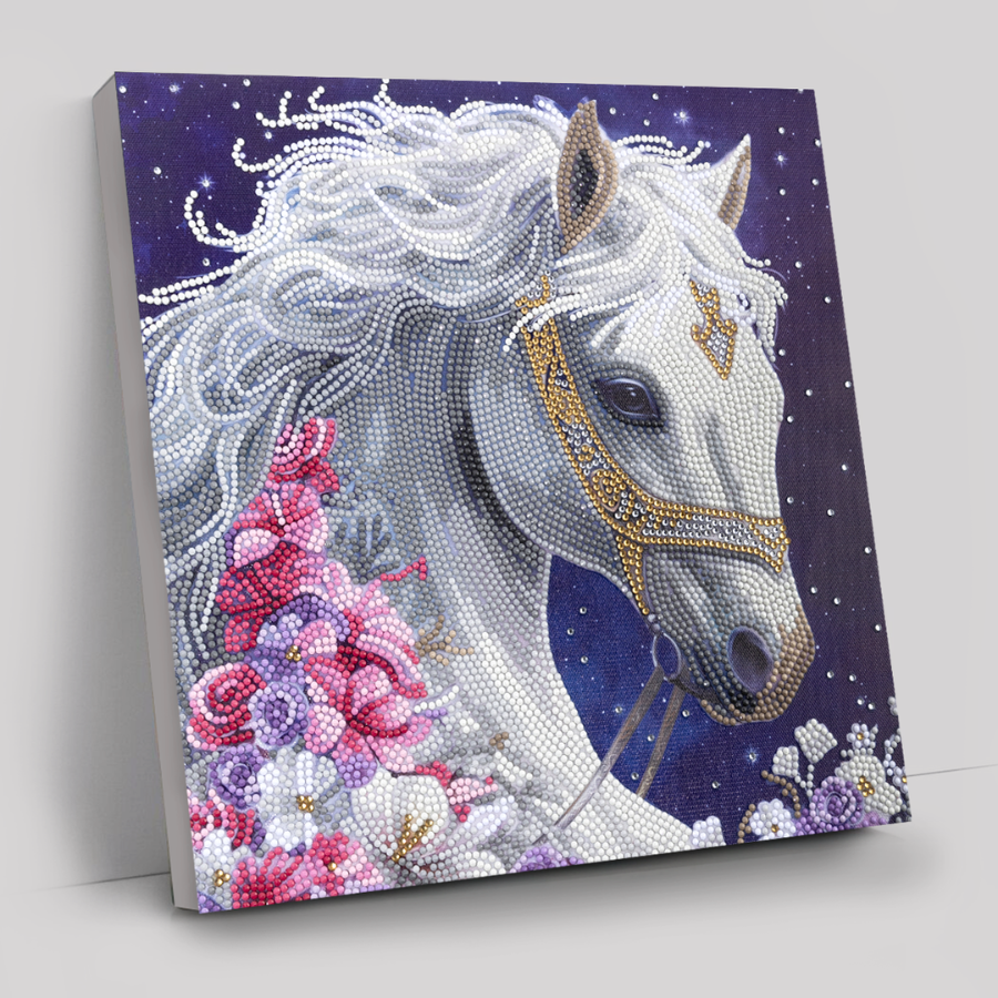 White horse with flowers against a night sky canvas kit