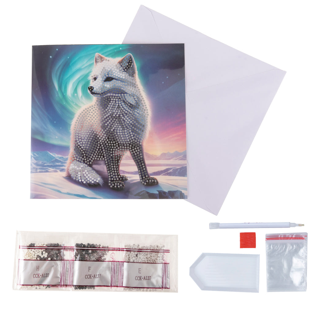 Aurora the Fox Crystal Art greetings card kit contents, including template, envelope, crystals and tools