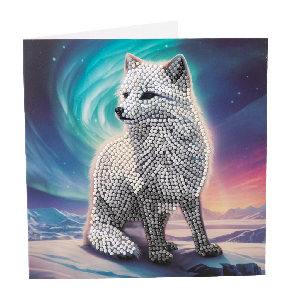 completed Aurora the Fox Crystal Art greetings card, set against white background. card is left partially open to show that it is left blank inside. 