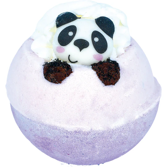 Lilac and white Bear With Me Bath Blaster from Bomb Cosmetics, featuring a panda decoration