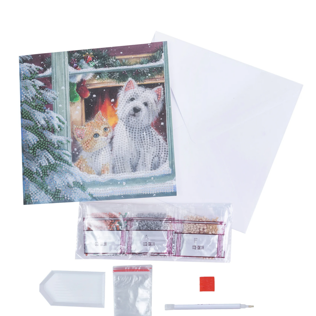 By The Window Cat & Dog Crystal Art Greetings Card kit contents, including envelope, coded crystals and tools