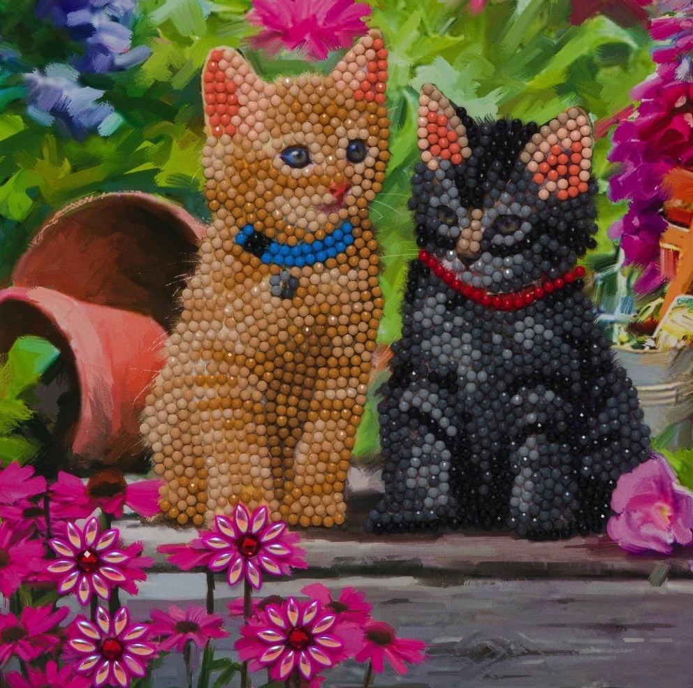 completed Crystal Art Cat Friends greetings card, featuring two cats sitting together with flowers in the background