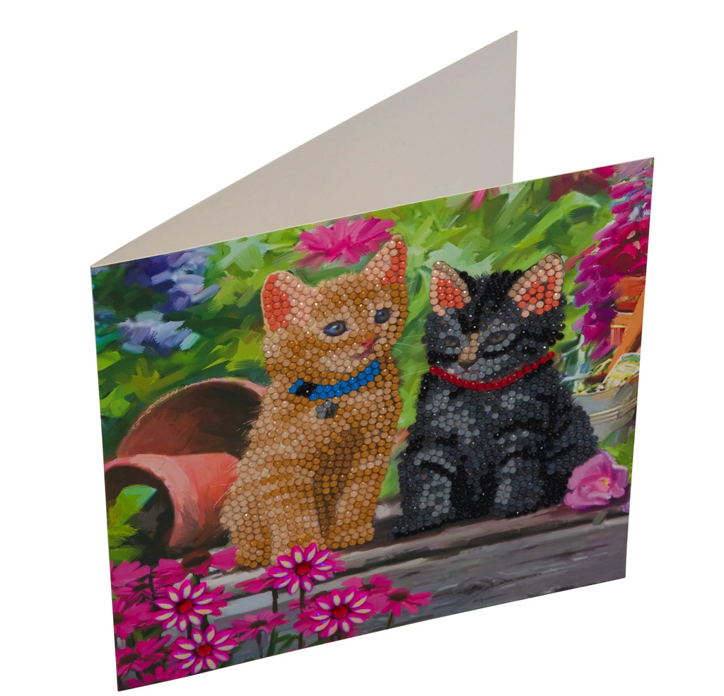 angled view of Cat Friends Crystal Art greetings card, showing card is blank inside.  