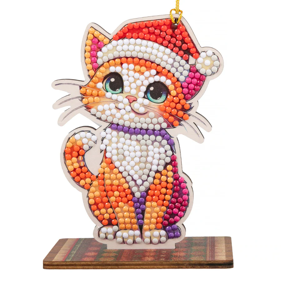 completed Christmas Cat Crystal Art Christmas Buddy decoration, featuring a cat wearing a Santa hat