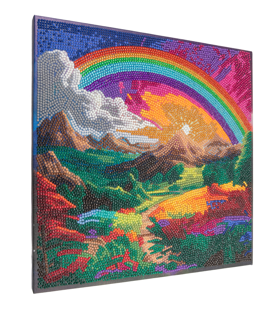 completed Ethereal Landscape Crystal Art 30cm canvas. featuring rainbow over a mountain and colourful landscape 