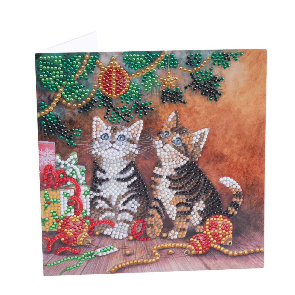 completed Magic of Christmas crystal art greetings card, featuring two kittens under the Christmas tree
