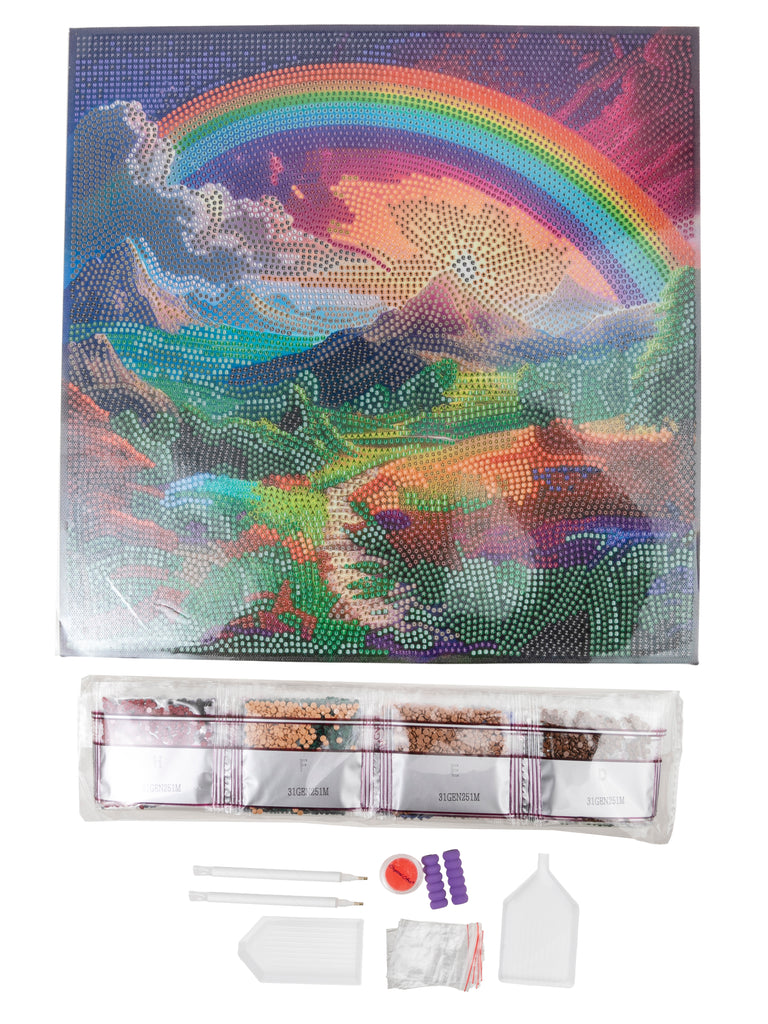 Ethereal Landscape Crystal Art kit contents, including adhesive framed canvas, crystals and tools