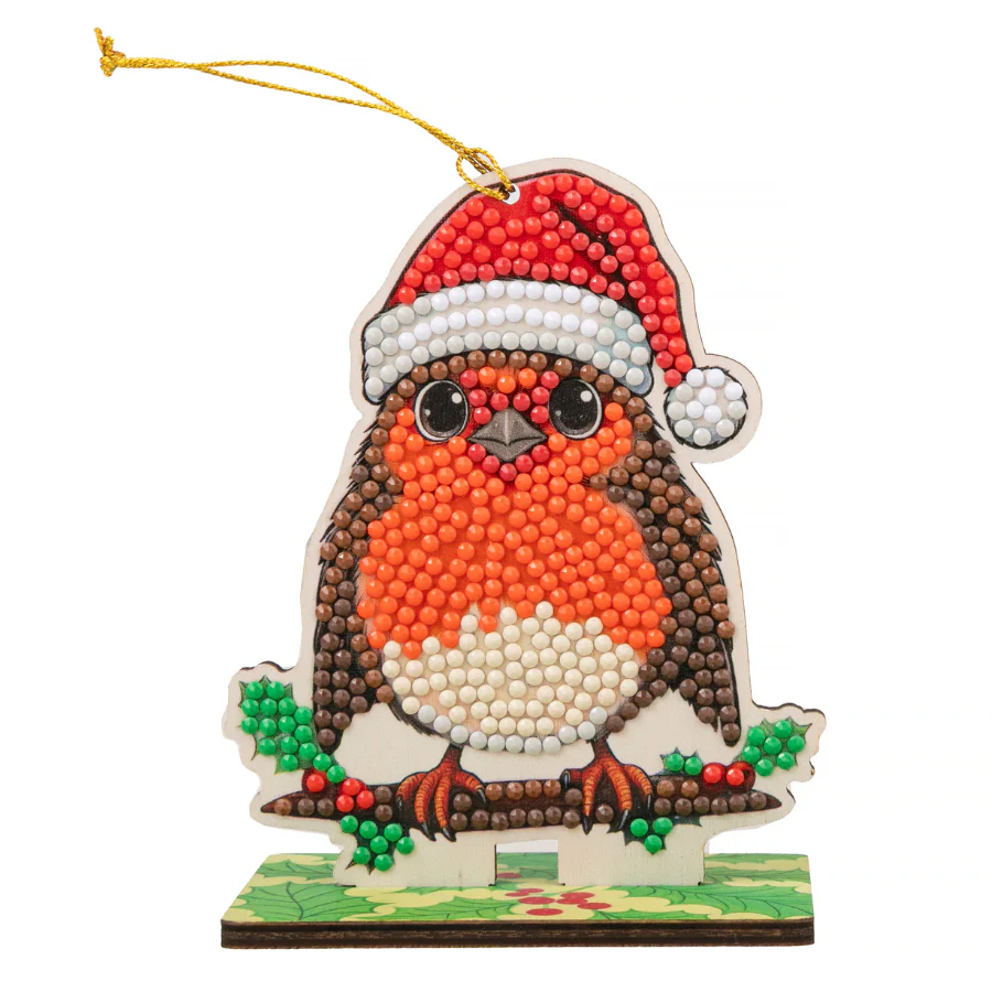 completed Jolly Robin Crystal Art Buddy Christmas Decoration, design featuring robin in a Santa hat on a holly branch