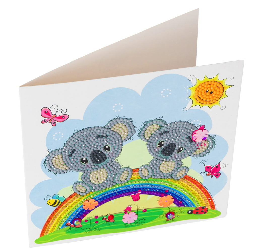 side view of Koala Rainbow Crystal Art Greetings Card, displayed slightly open to show left blank inside for own greeting