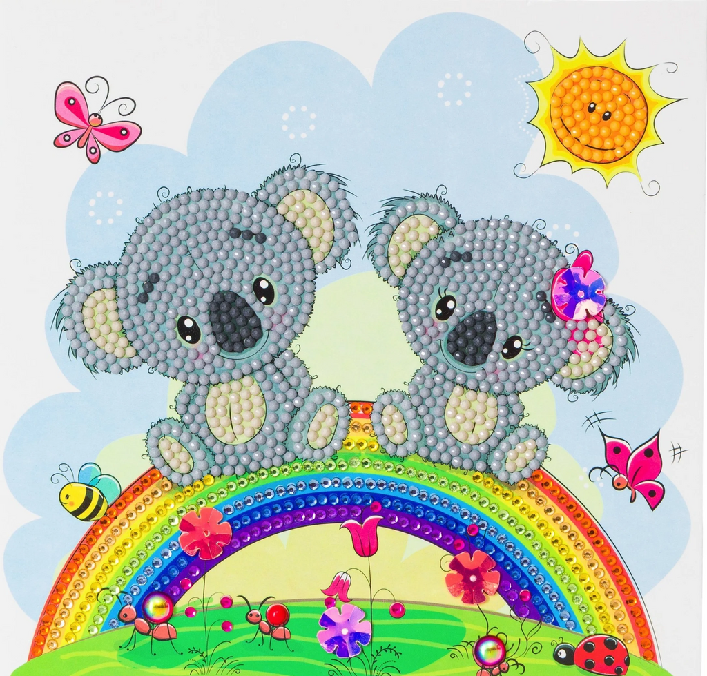 completed Koala Rainbow Crystal Art Greetings Card, featuring two koalas sat on a rainbow