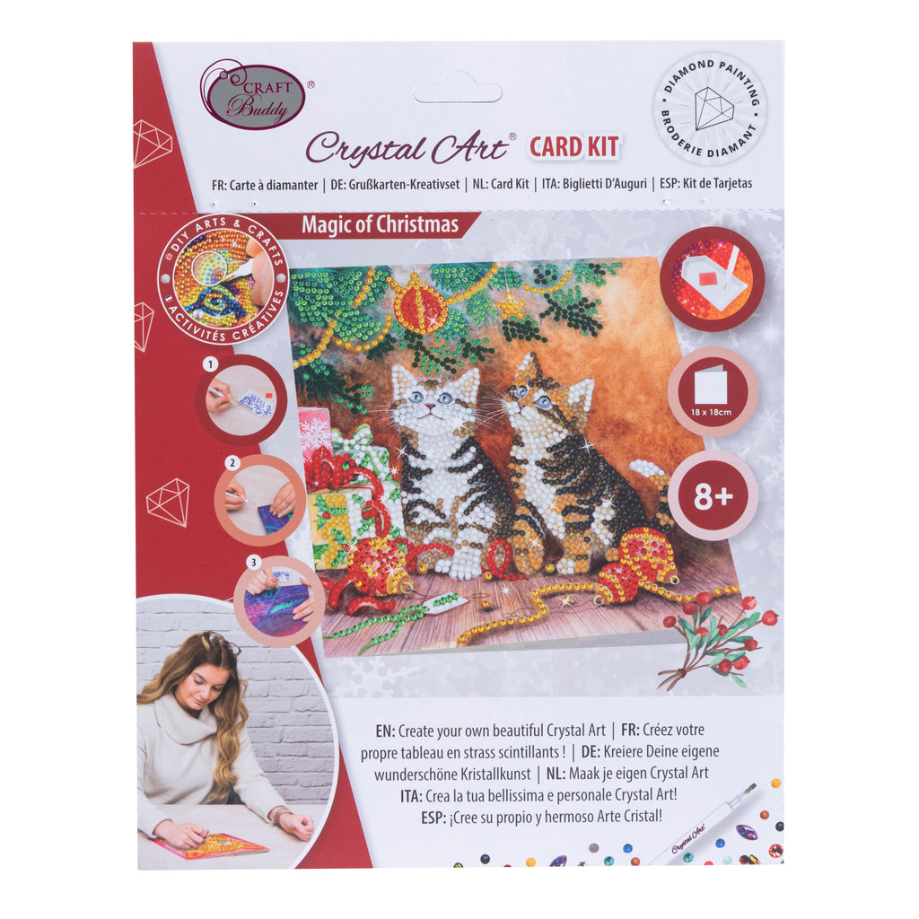 Magic of Christmas Crystal Art card kit packaging, showing design with two cats and Christmas decorations on a white background