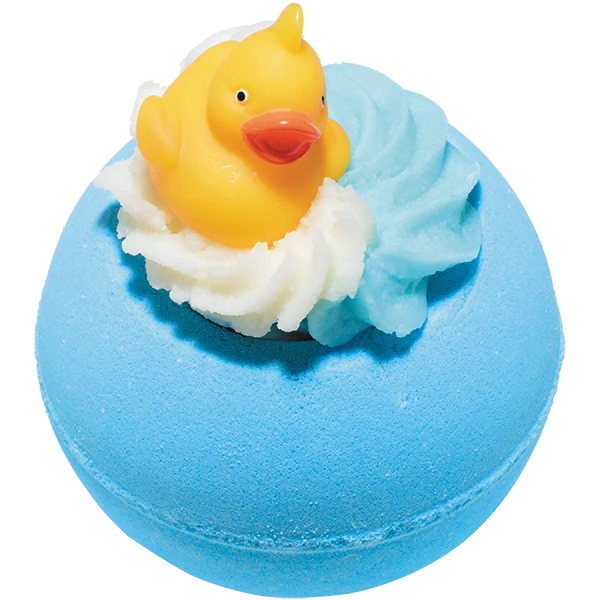 Blue Pool Party Bath Blaster from Bomb Cosmetics, featuring a small toy duck