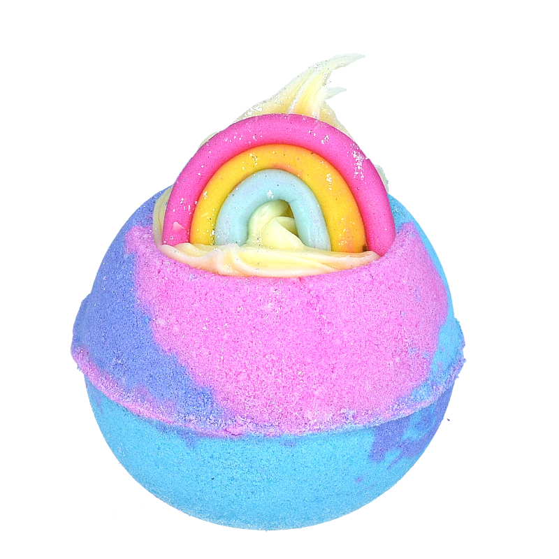 Colourful Rainbow Vibes bath Blaster from Bomb Cosmetics, featuring blue tones, white piping and rainbow decoration