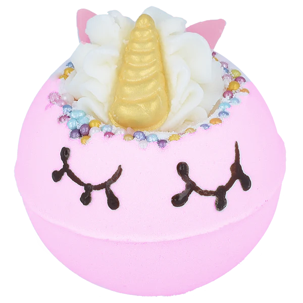 Pink The Last Unicorn Bath Blaster from Bomb Cosmetics, with unicorn face detail and horn decoration