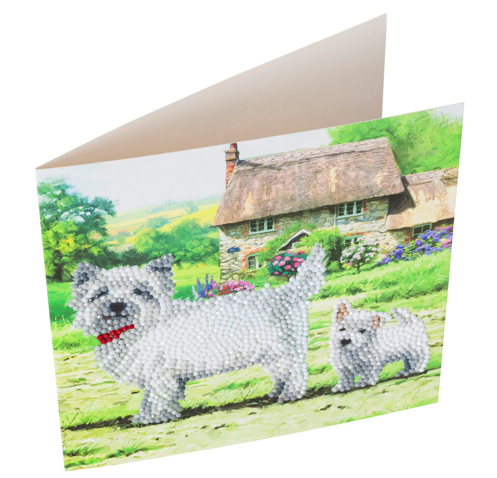 angled view of Craft Buddy Westie Dogs Crystal Art Greetings Card, shown slightly open to show left blank inside for own greeting