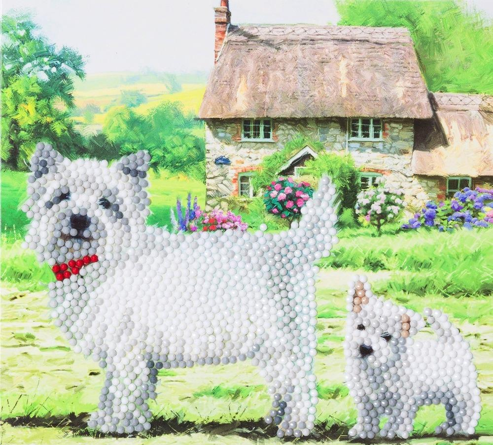 completed Westie Dogs Crystal Art greetings card, featuring adult and puppy westie in front of a stone cottage