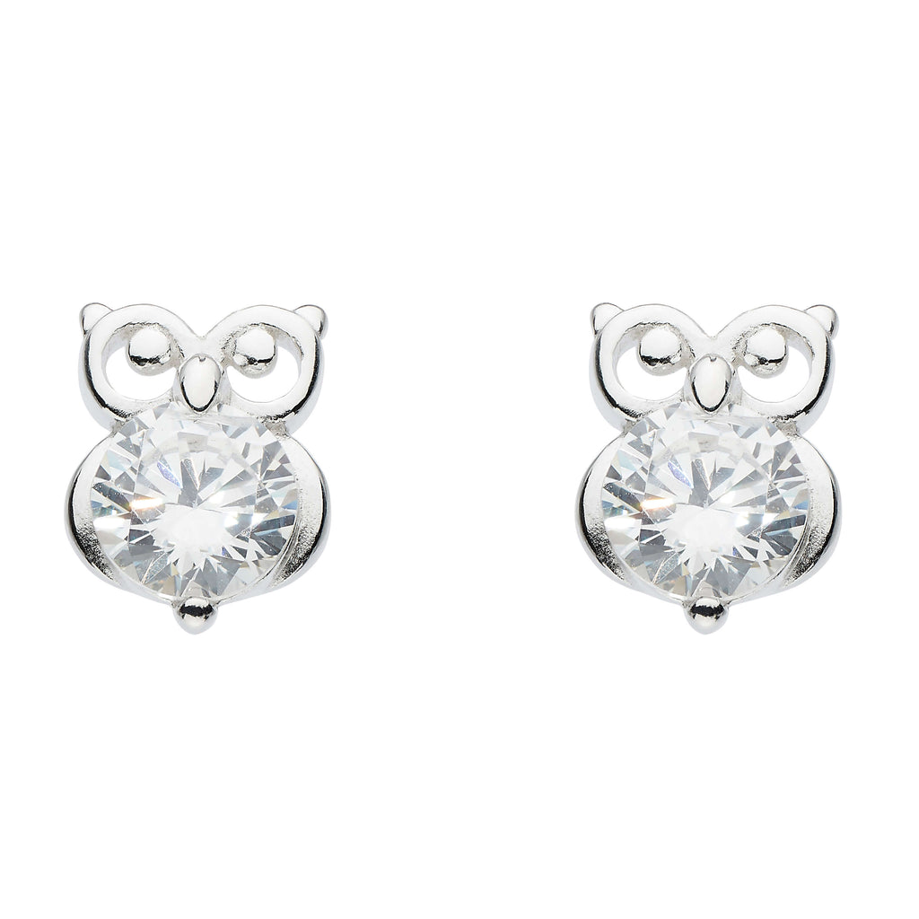 Dew Sterling Silver Small Owl stud earrings with white CZ stones