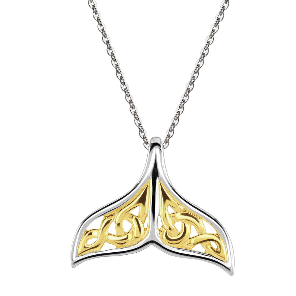 Heritage Sterling Silver Whale Tail pendant necklace with Celtic-inspired knotwork with 14ct gold plate
