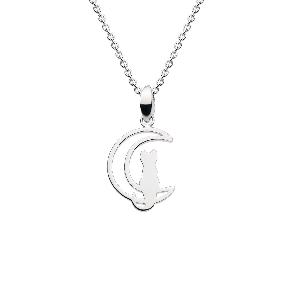 Dew Sterling Silver Cat on Cut-Out Crescent Moon Pendant Necklace