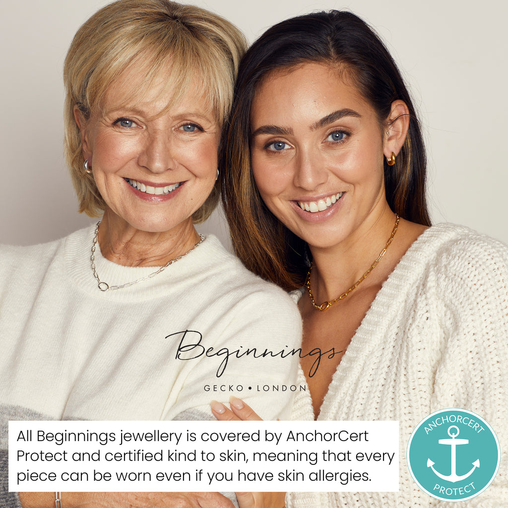Beginnings AnchorCert photo with models, stating that all Beginnings jewellery is covered by AnchorCert Protect and certified kind to skin