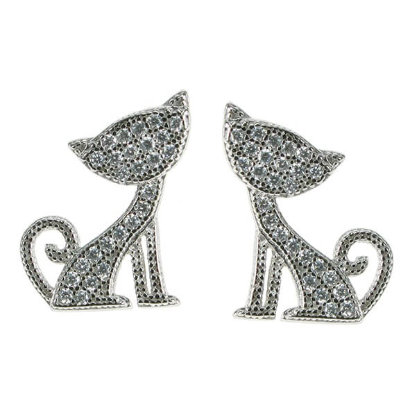 Zilver Designs Cat Stud Earrings with Cubic Zirconia and beaded texture