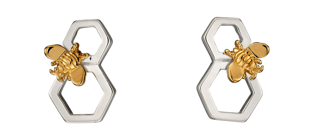 Elements Silver Gold Plated Bee & Double Honeycomb Stud Earrings