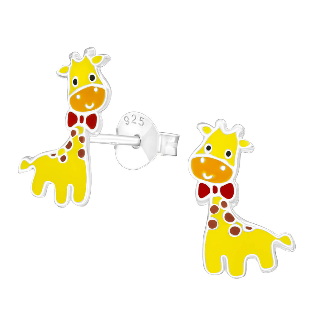Sterling Silver smiling Giraffe Stud Earrings in yellow with red bow tie detail