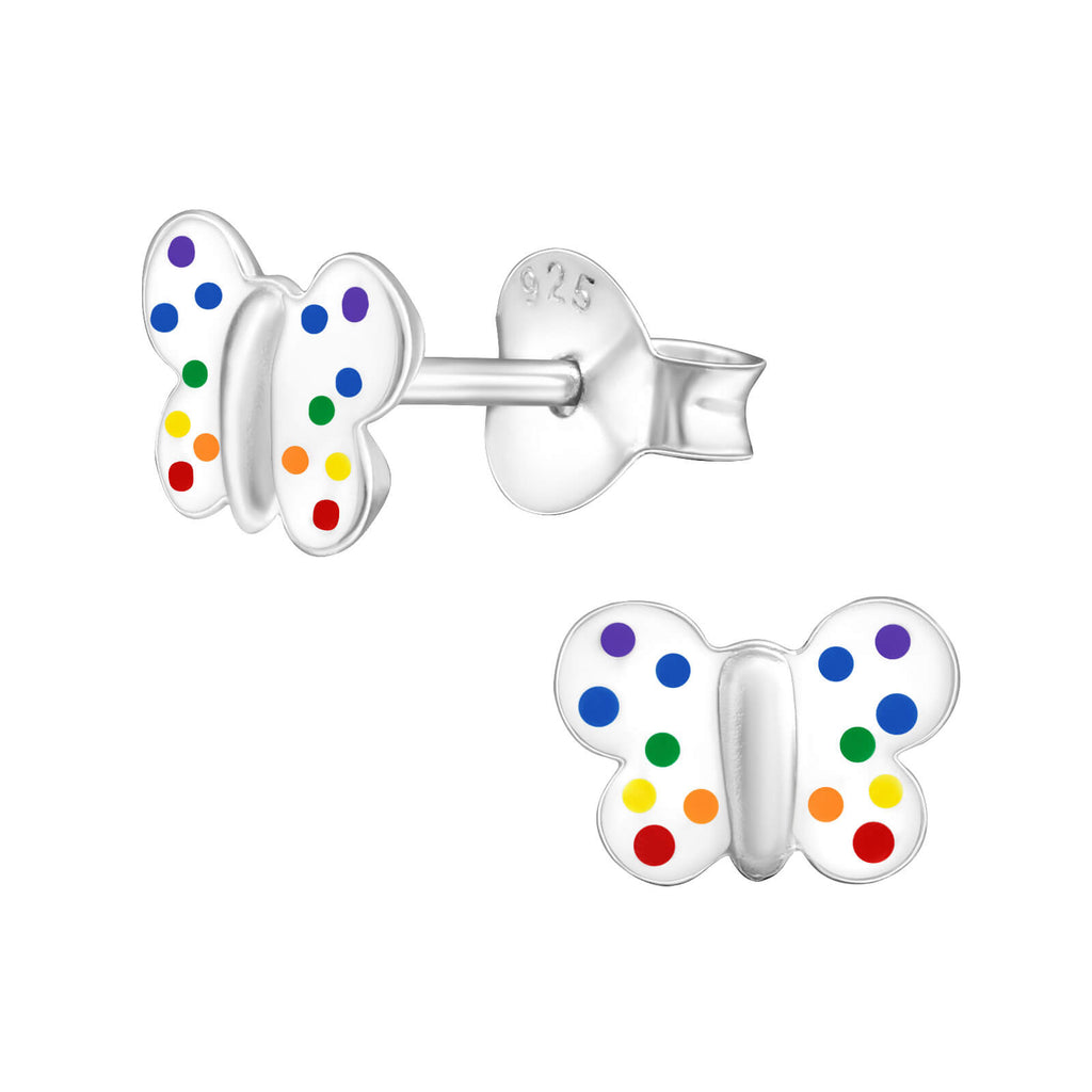 Sterling Silver Butterfly stud earrings with white wings and purple, blue, green, red, orange and yellow spots