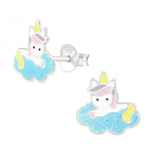Sterling Silver Colourful Unicorn on Light Blue Glitter Cloud Stud Earrings