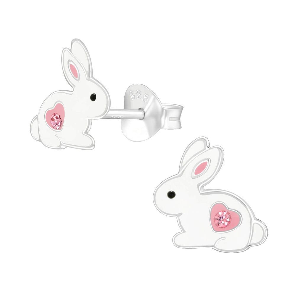 Sterling Silver White Bunny stud earrings with pink Austrian crystal heart detail