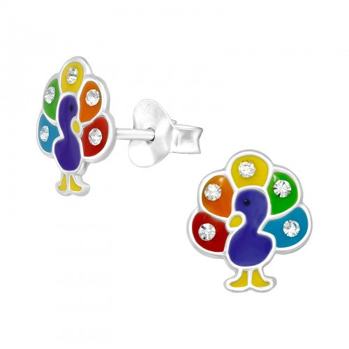 Sterling Silver Colourful Peacock Stud Earrings, with multicoloured tailfeathers, each with a single Austrian crystal stone