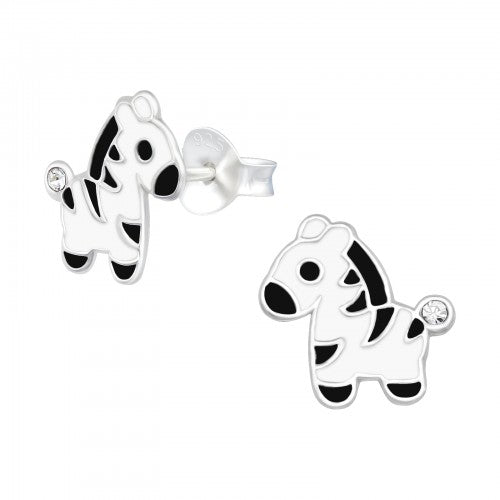 Sterling Silver Zebra Stud Earrings in black and white, and Austrian crystal tail detail