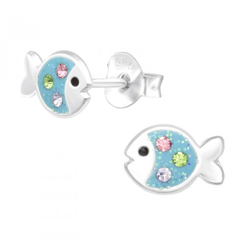 Sterling Silver Fish Stud Earrings with blue glitter and three coloured Austrian crystals