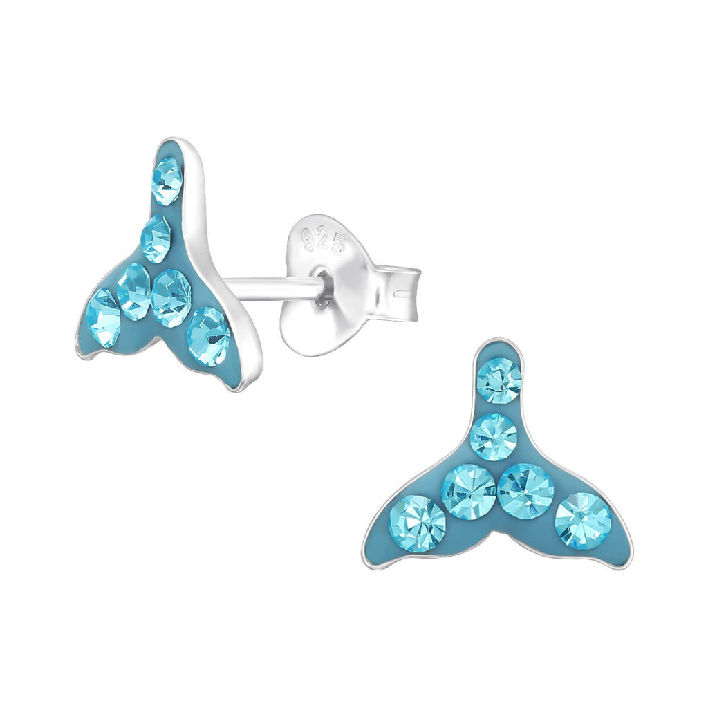 Sterling Silver Whale Tail Stud Earrings in blue with aquamarine colour Austrian crystal