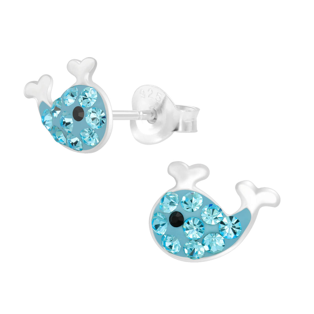 Sterling Silver Whale Stud Earrings in blue with blue Austrian crystals