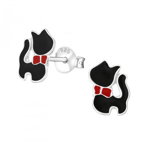 Sterling Silver Bowtie Kitty Stud Earrings in black with red bowtie detail