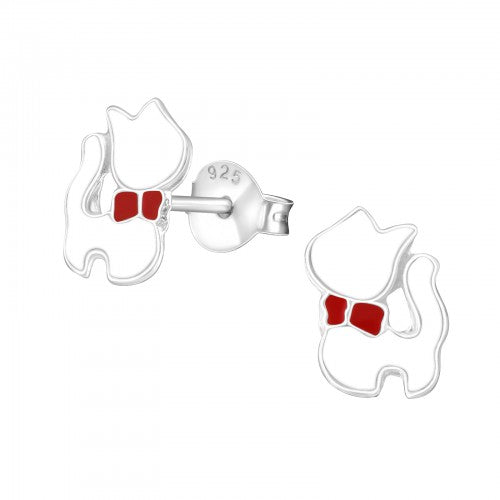 Sterling Silver Bowtie Kitty Stud Earrings with white colour and red bowtie detail